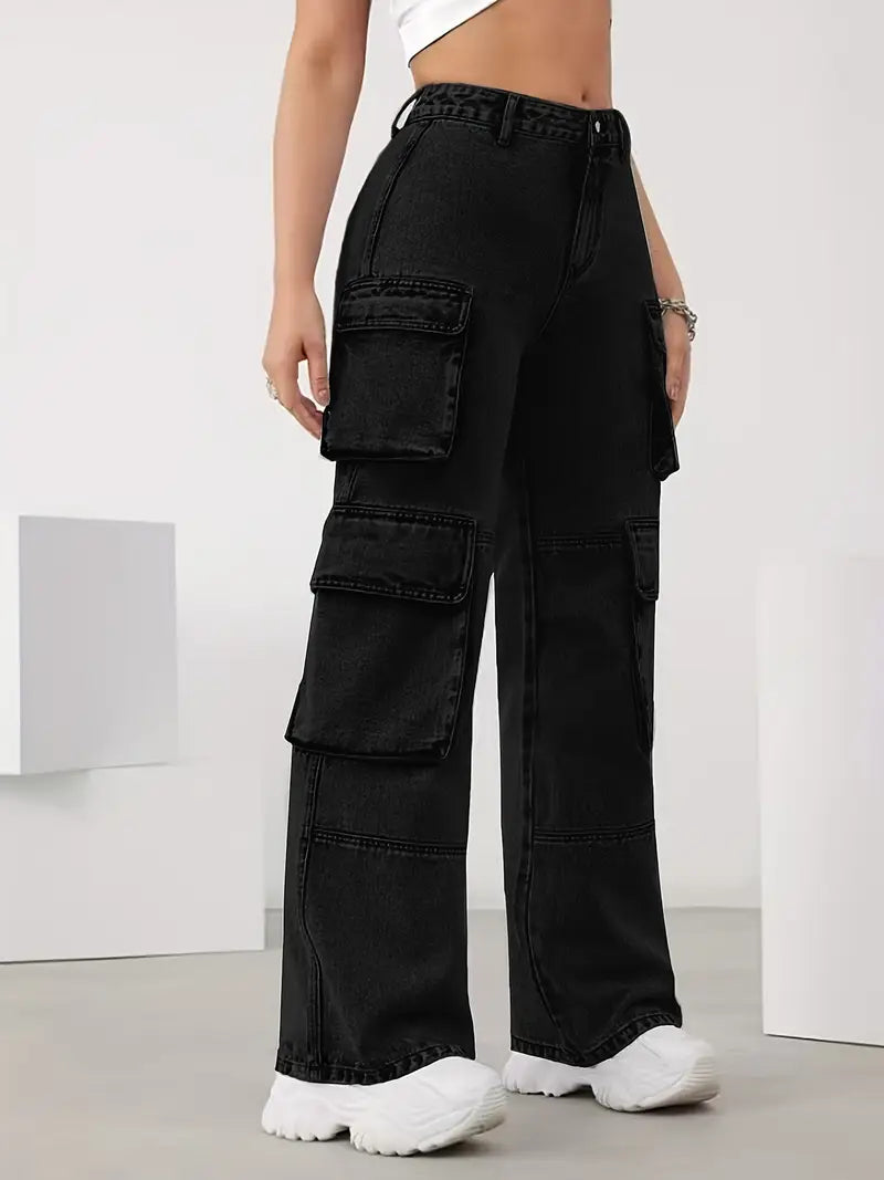 Cityscape Adventurer Cargo Denim – High Rise Cargo Jeans Back View – Glossia Fashion