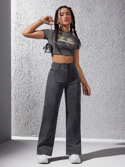 Obsidian Straight Fit High-Waist Denim - Glossia Fashion