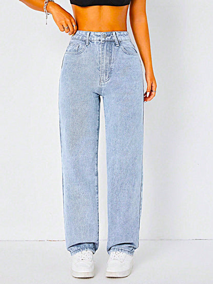 Power Pose Stonewash Straight Fit Jeans - Glossia Fashion