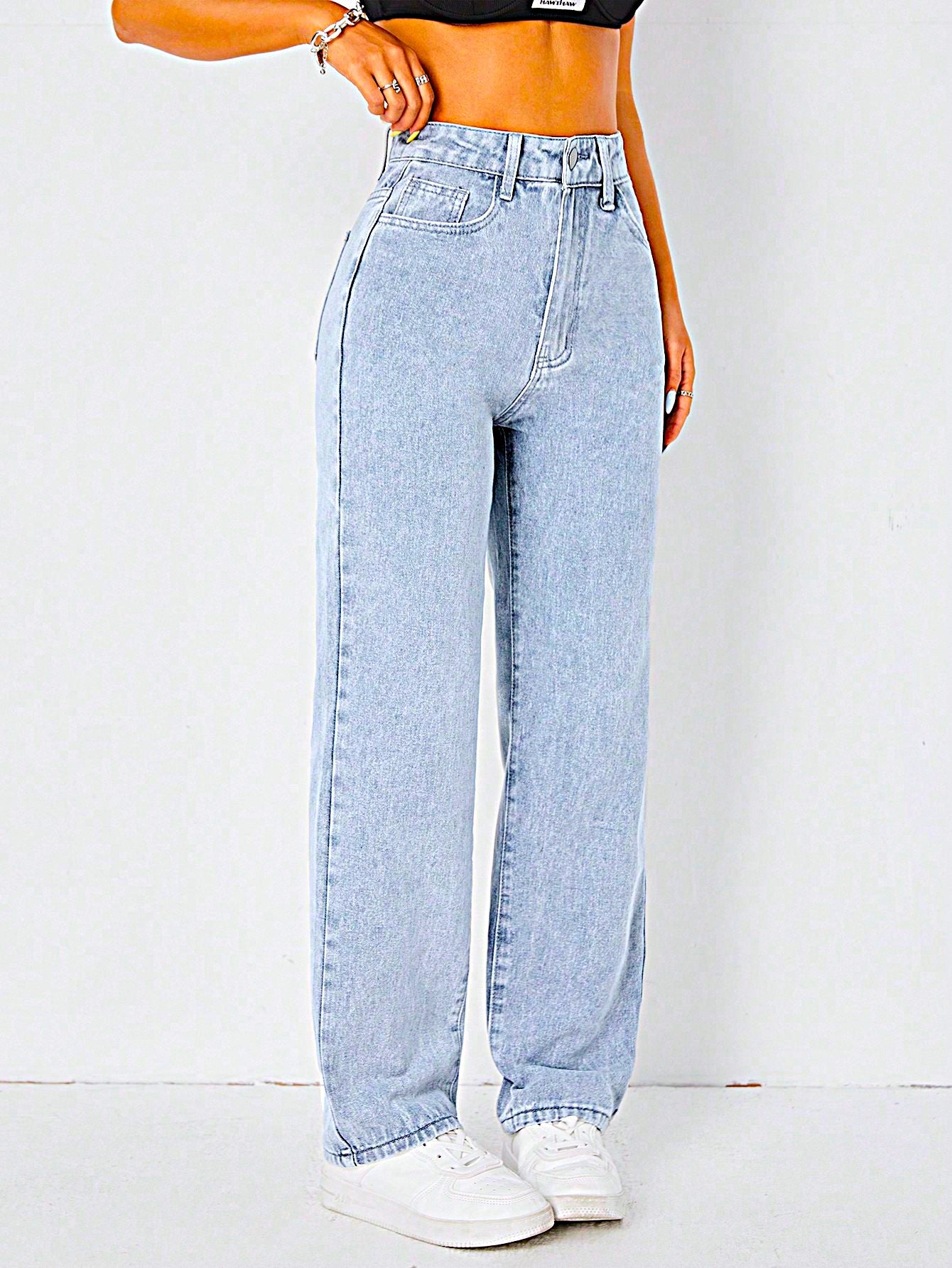 Power Pose Stonewash Straight Fit Jeans - Glossia Fashion