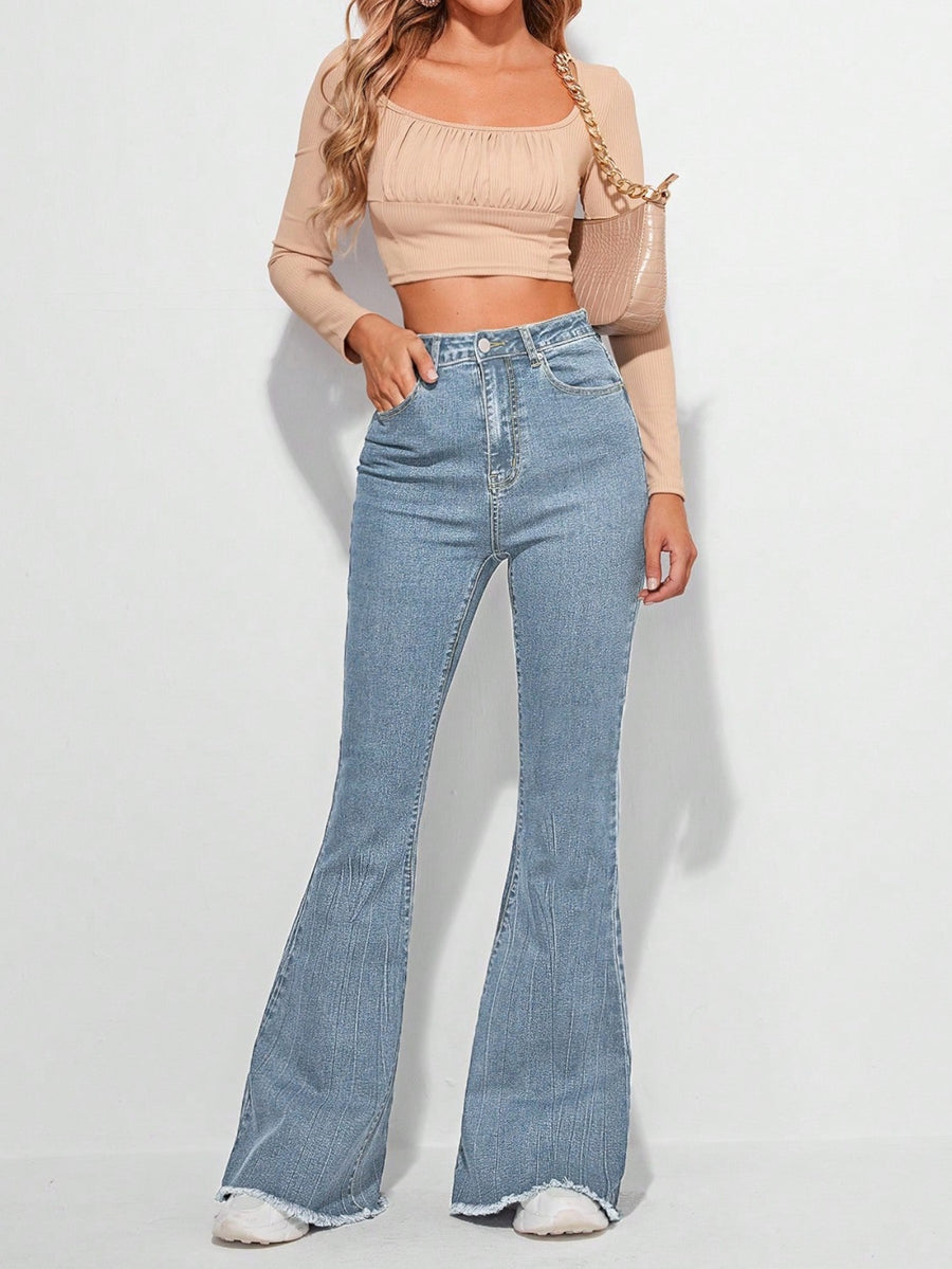 Timeless Fade High-Waist Bootcut – Light Blue Bootcut Jeans Style View – Glossia Fashion