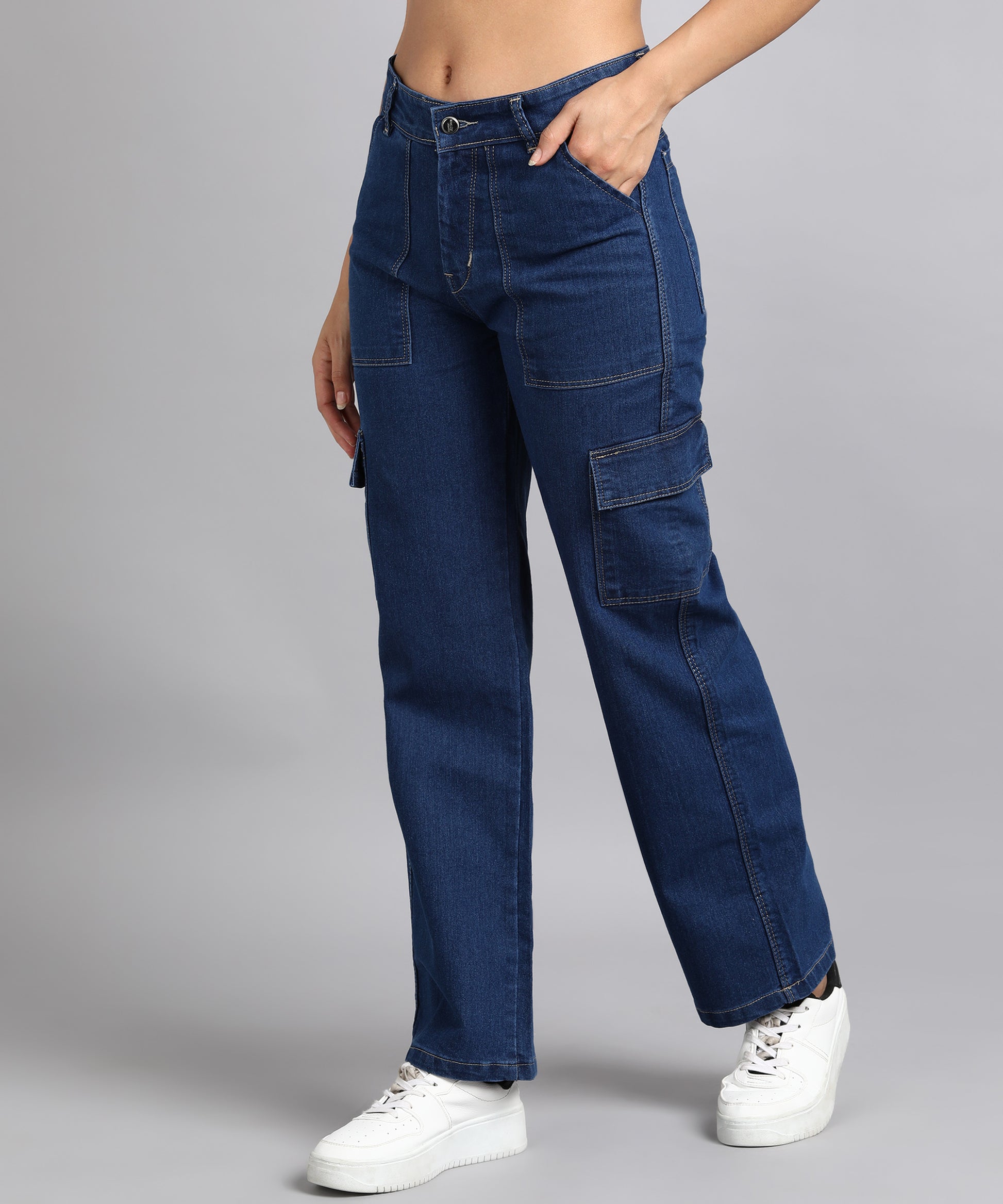 Navy Blue Straight High Rise Boyfriend Cargo Jeans – Glossia Fashion