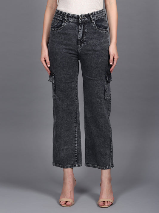 Black Cargo Jeans For Women High Waist Straight Fit Stretchable Denim - 1214