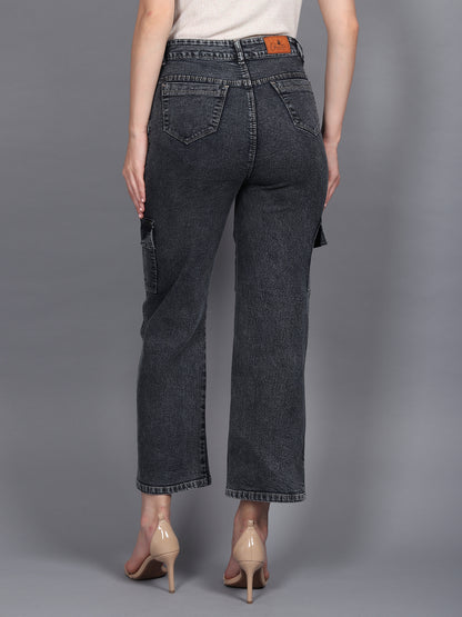 Black Cargo Jeans For Women High Waist Straight Fit Stretchable Denim - 1214