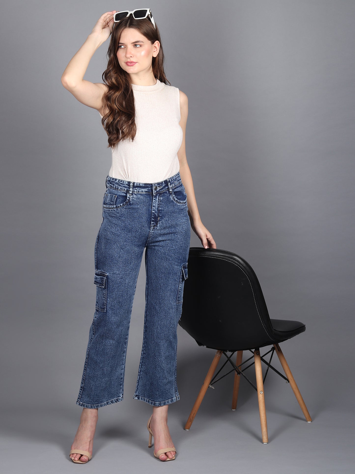 Blue Cargo Jeans For Women High Waist Straight Fit Stretchable Denim - 1214