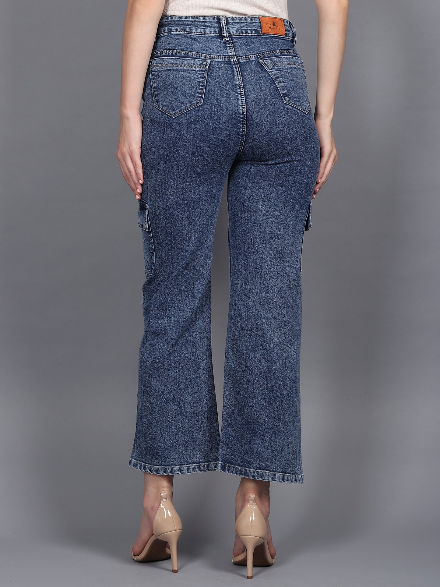 Blue Cargo Jeans For Women High Waist Straight Fit Stretchable Denim - 1214