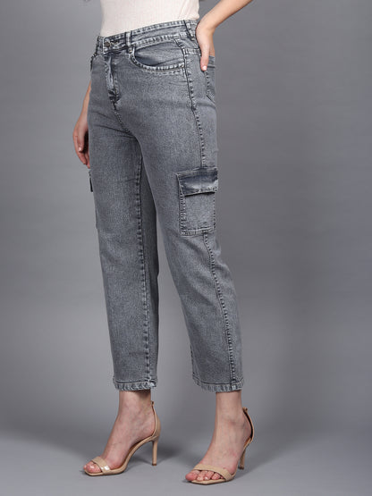 Grey Cargo Jeans For Women High Waist Straight Fit Stretchable Denim - 1214