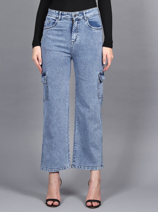 Ice Blue Cargo Jeans For Women High Waist Straight Fit Stretchable Denim - 1214