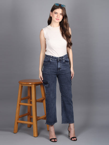 Navy Cargo Jeans For Women High Waist Straight Fit Stretchable Denim - 1214