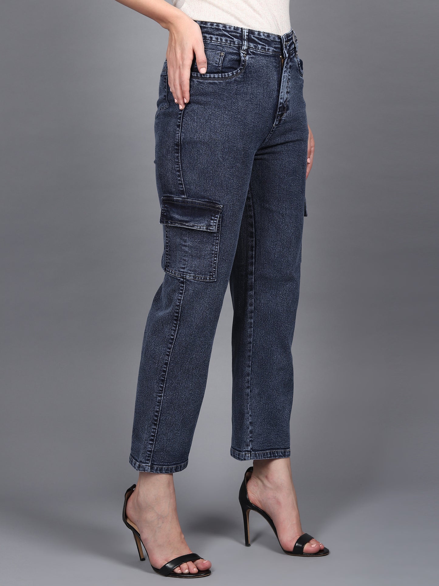 Navy Cargo Jeans For Women High Waist Straight Fit Stretchable Denim - 1214