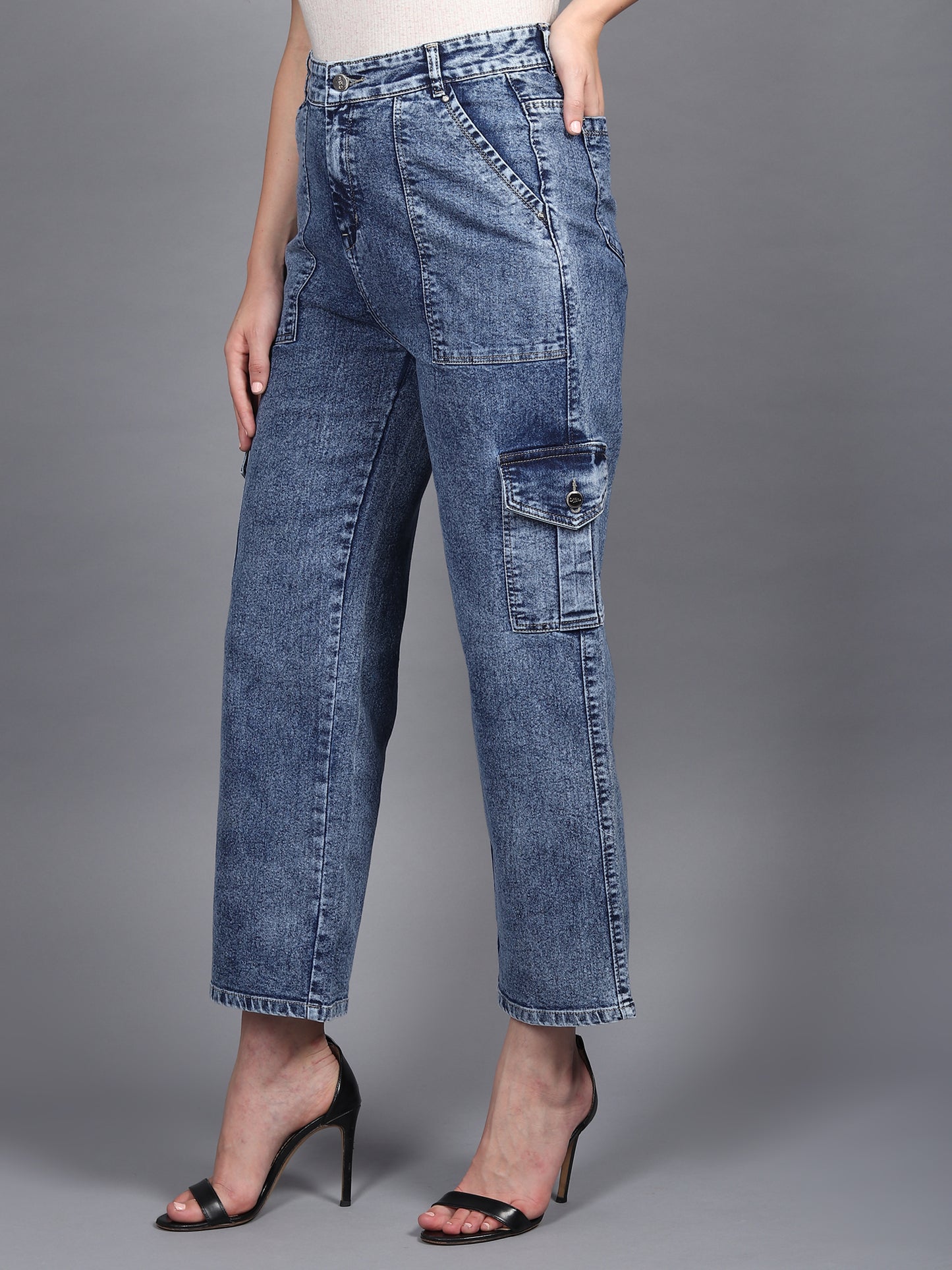 Blue Cargo Jeans For Women High Waist Straight Fit Stretchable Denim - 1215