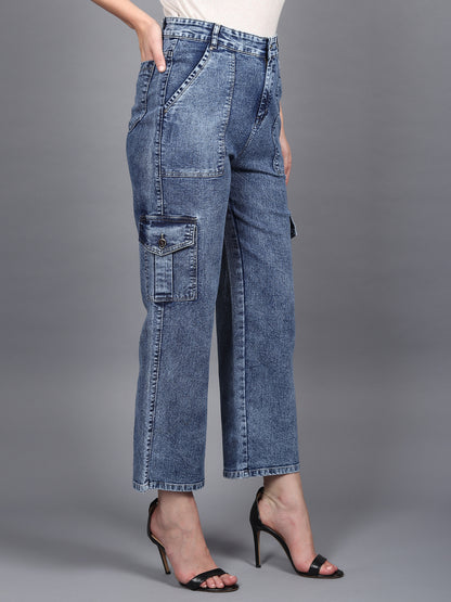 Blue Cargo Jeans For Women High Waist Straight Fit Stretchable Denim - 1215