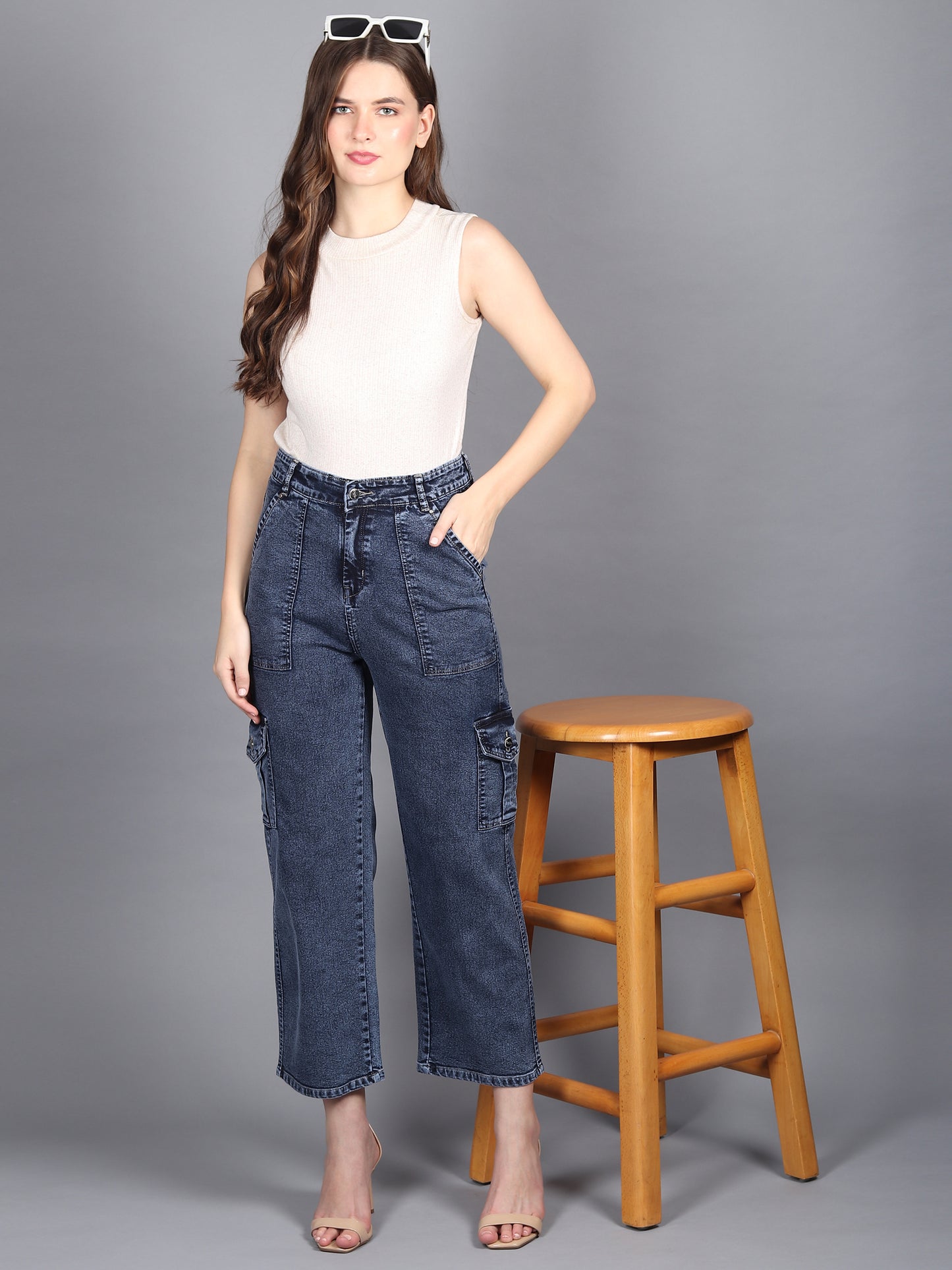 Navy Cargo Jeans For Women High Waist Straight Fit Stretchable Denim - 1215
