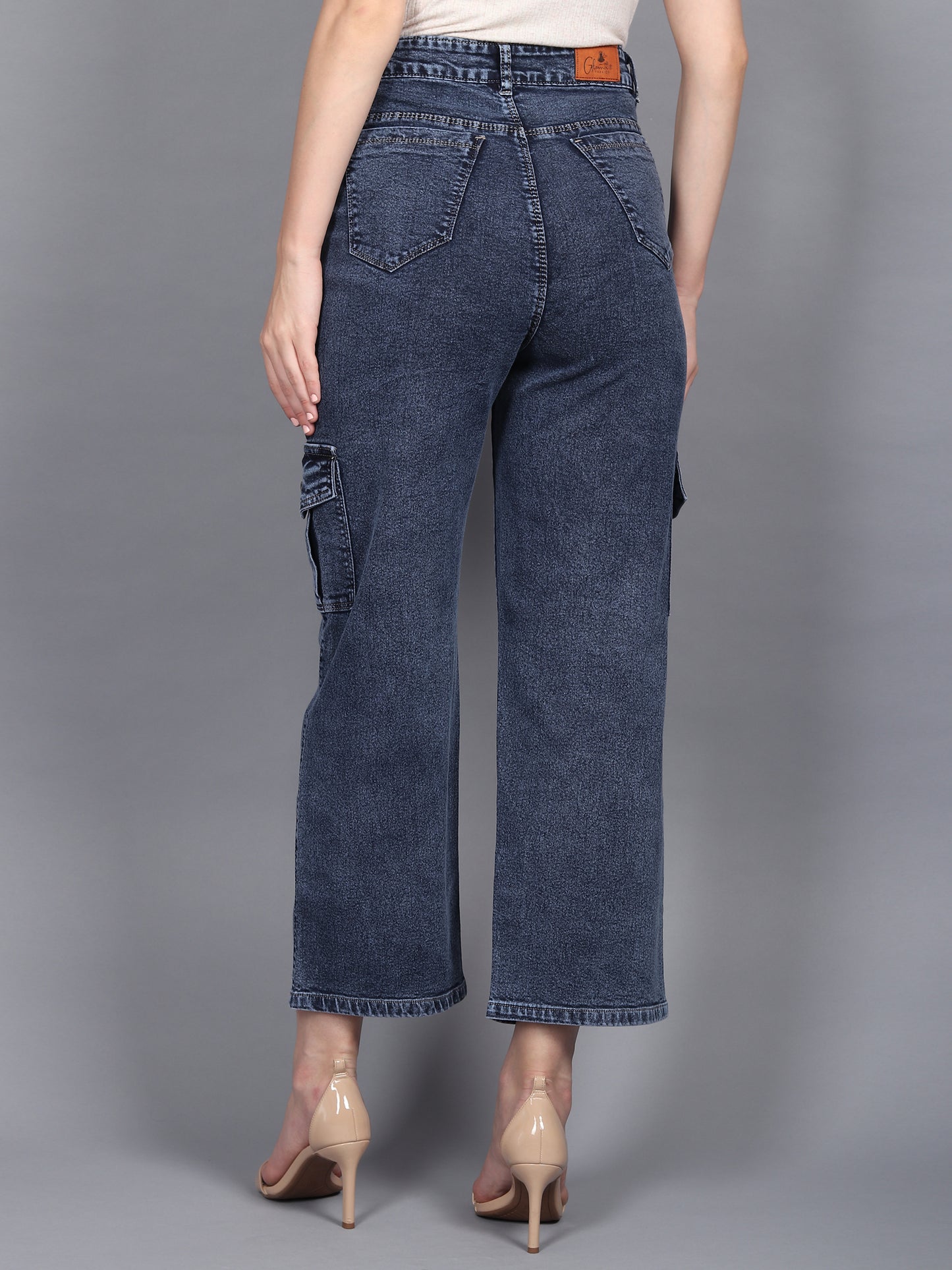 Navy Cargo Jeans For Women High Waist Straight Fit Stretchable Denim - 1215