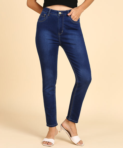 Denim Blue High Waist Stretchable Cotton Regular Jeans for Women-1597N