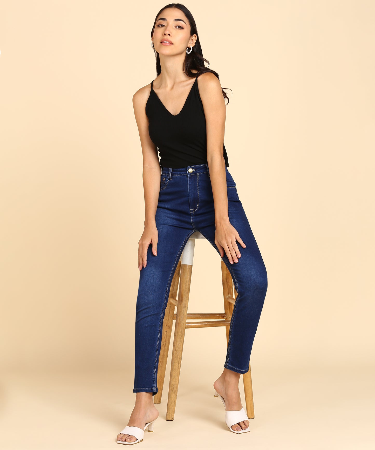 Denim Blue High Waist Stretchable Cotton Regular Jeans for Women-1597N