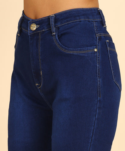 Dark Denim Cotton Lycra High Waist Regular Jeans for Women-1598