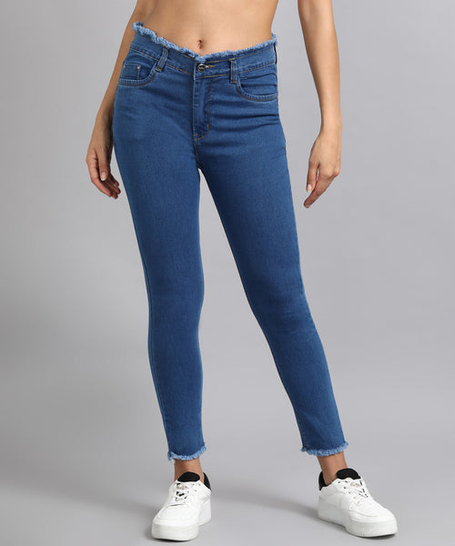 Blue High Rise Slim Fit Skinny Frayed Hem Jeans- 5105
