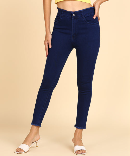 Navy Blue High Rise Slim Fit Frayed Hem Jeans- 5105N