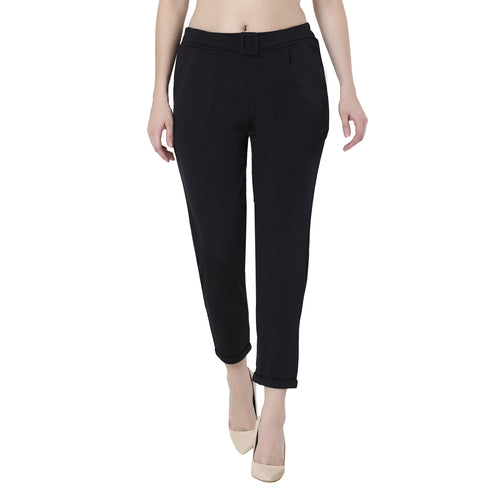 Black High Rise Cropped Belted Cigarette Trousers for Women -643