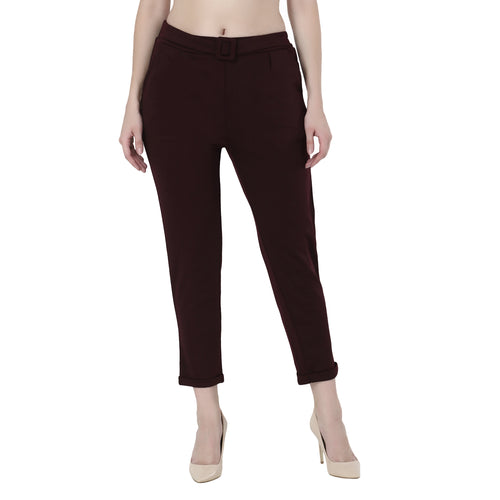 Maroon High Rise Cropped Belted Cigarette Trousers for Women -643