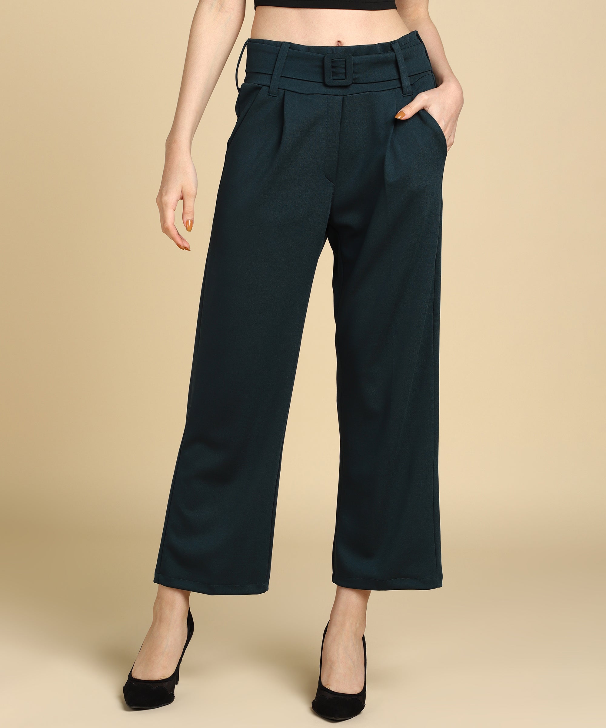 Buy KASSUALLY Black High Waist Flared Parallel Trouser online