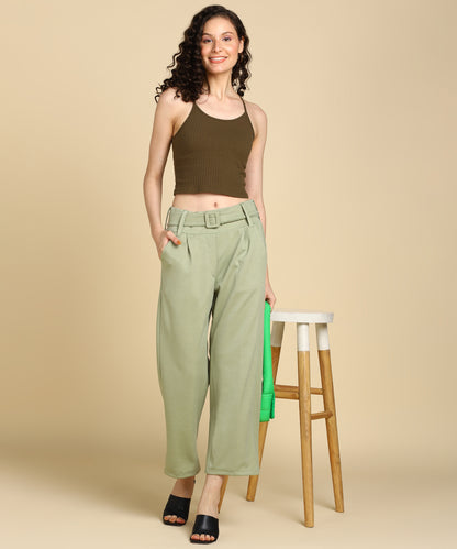 Women's High Waist Stretchable Formal Wide Leg Parallel Trouser Pants with Belt - 693