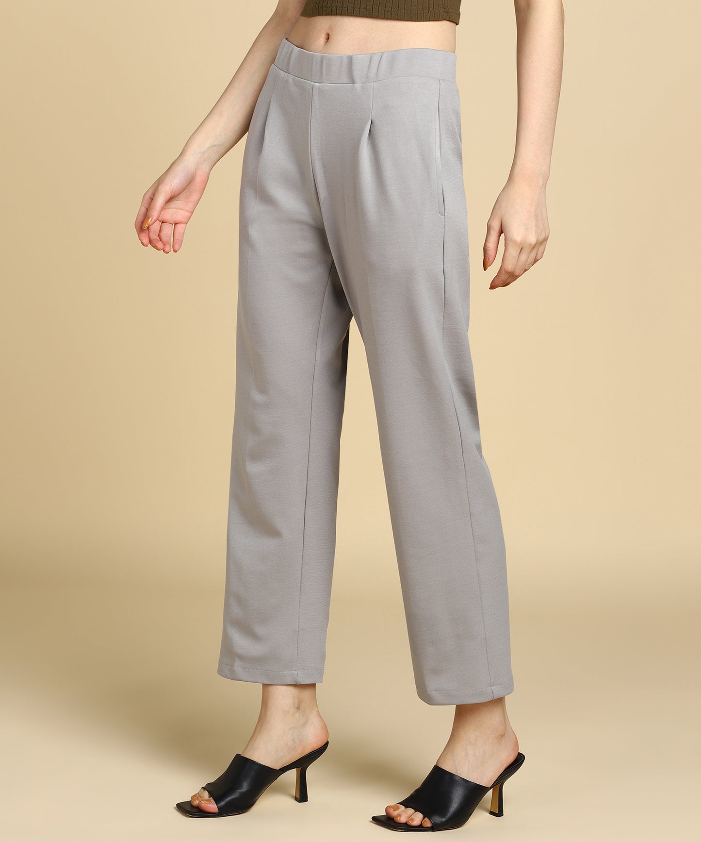 Women's High Waist Formal Stretchable Relaxed Parallel Trouser Pants - 694