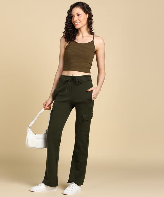 Henna Green Casual High - Waisted Parallel Cargo Pants