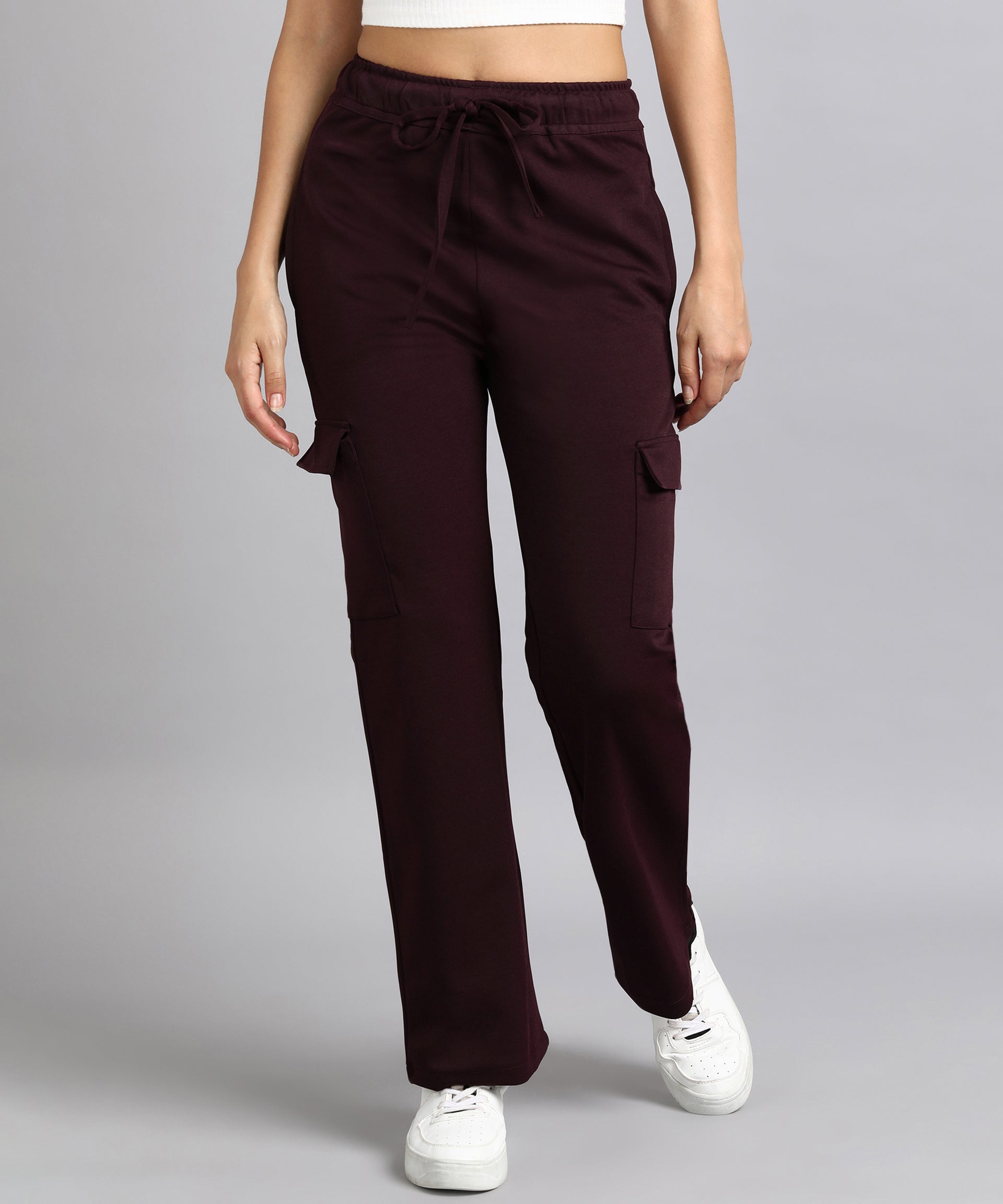Casual Plain Cargo Pants Burgundy Women's Pants (Women's)