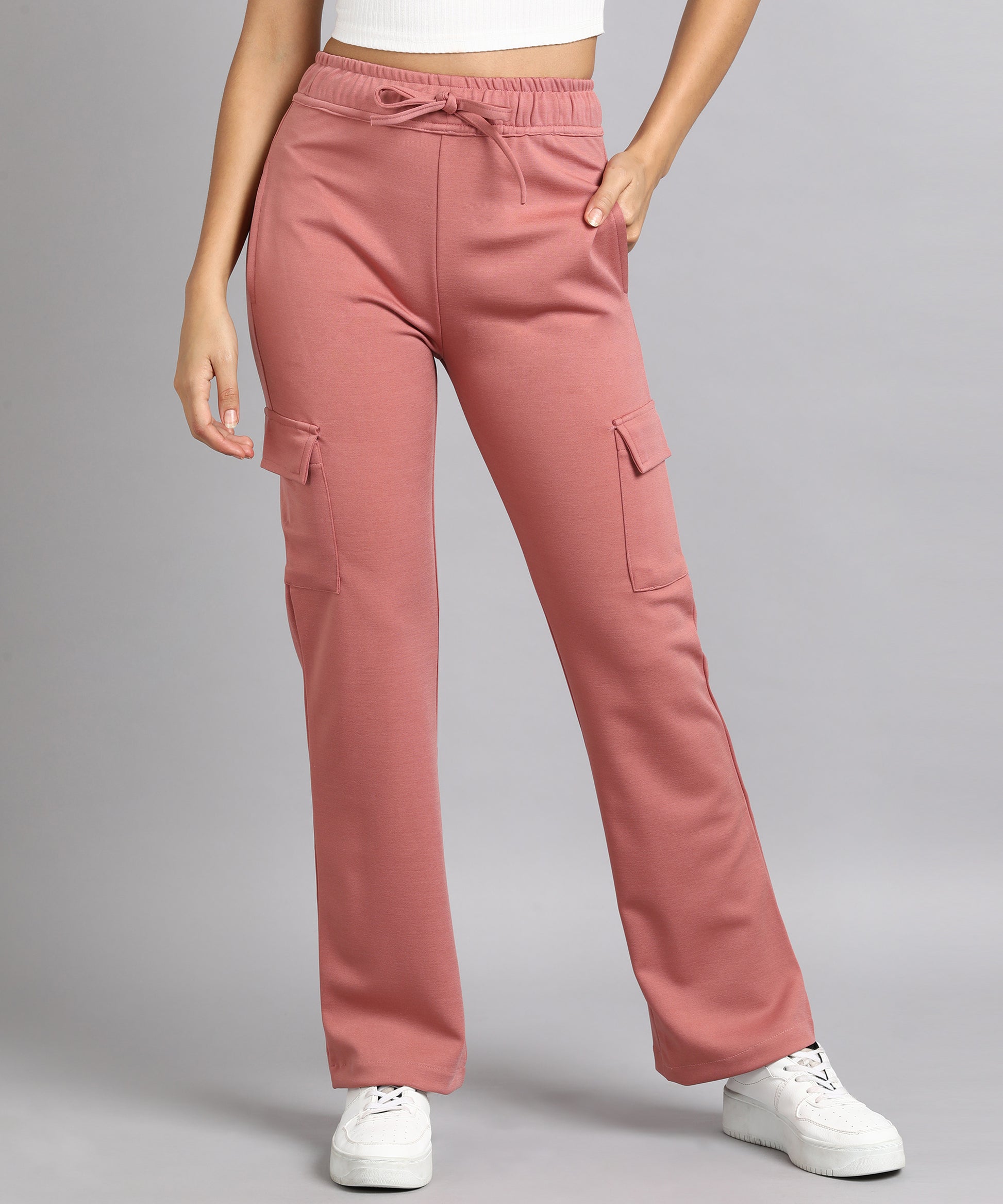 Dusty Pink Casual High-Waisted Parallel Cargo Trouser Pants for