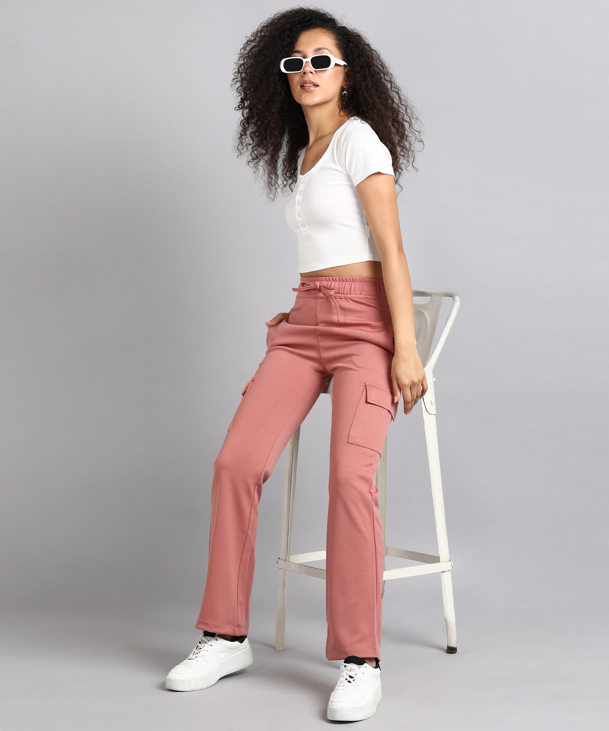 Dusty Pink Casual High-Waisted Parallel Cargo Trouser Pants for Women -699