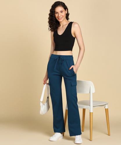 Teal Blue Casual High - Waisted Parallel Cargo Trouser Pants for Women - 699