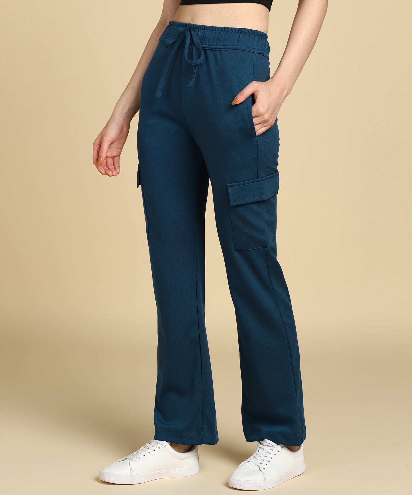 Teal Blue Casual High - Waisted Parallel Cargo Trouser Pants for Women - 699