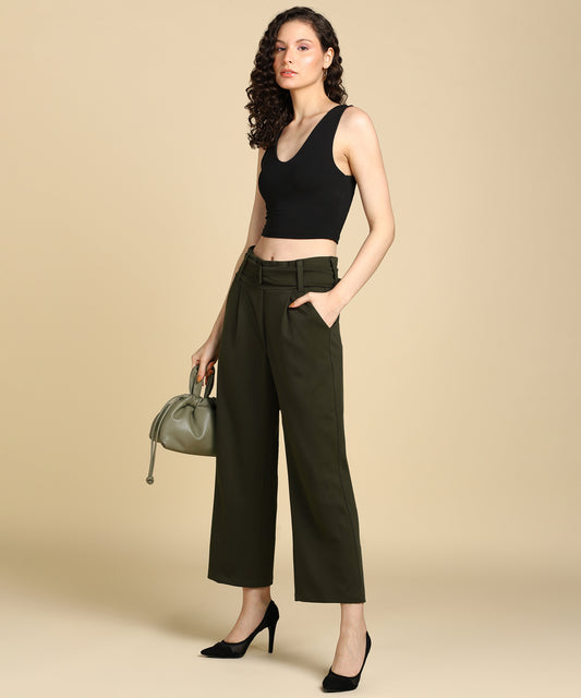 High Waist Formal Wide Leg Parallel Trouser with Belt - Glossia Fashion
